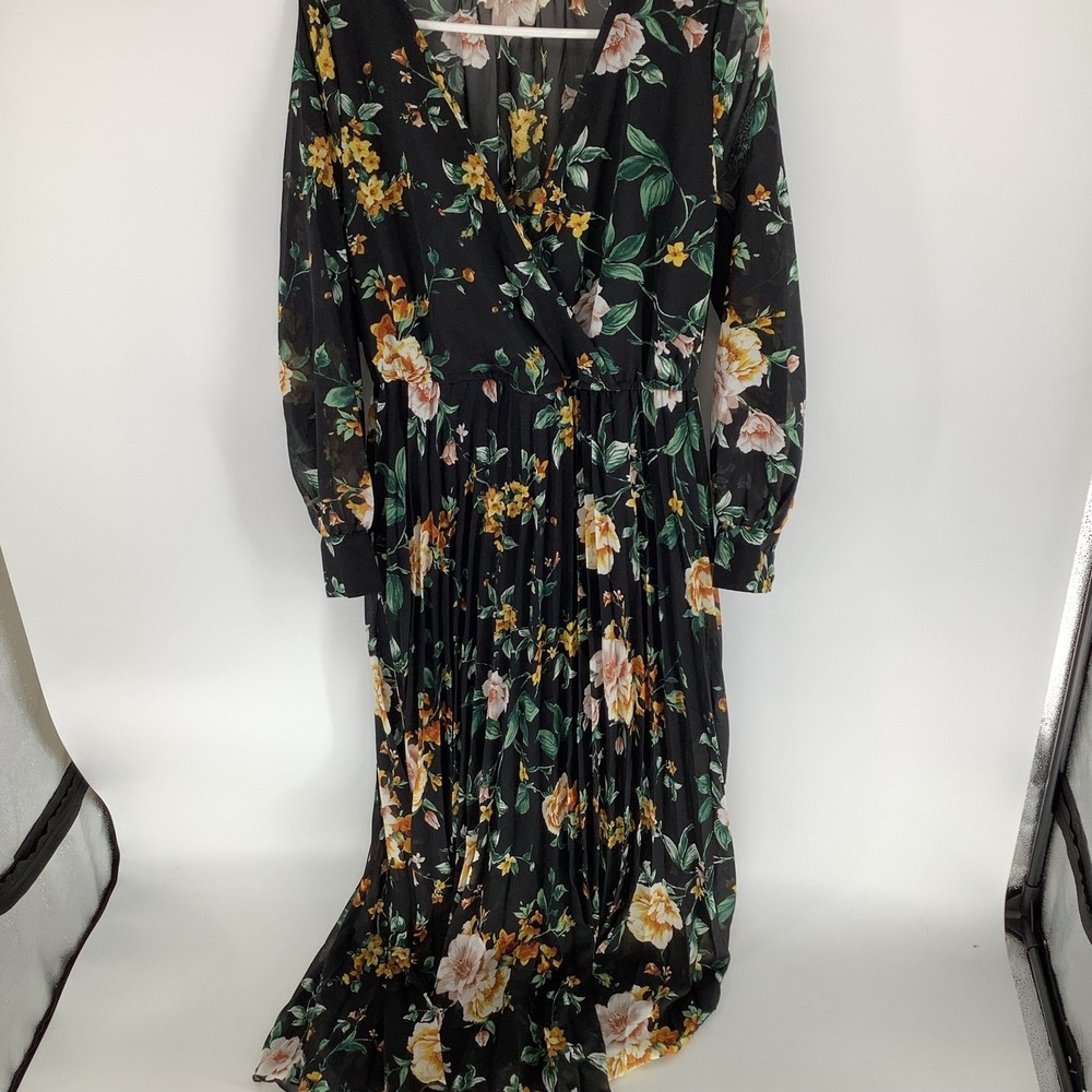 Indigo Rose Black Floral Pleated Maxi Dress V-Neck Long Sleeve Women's Sz L